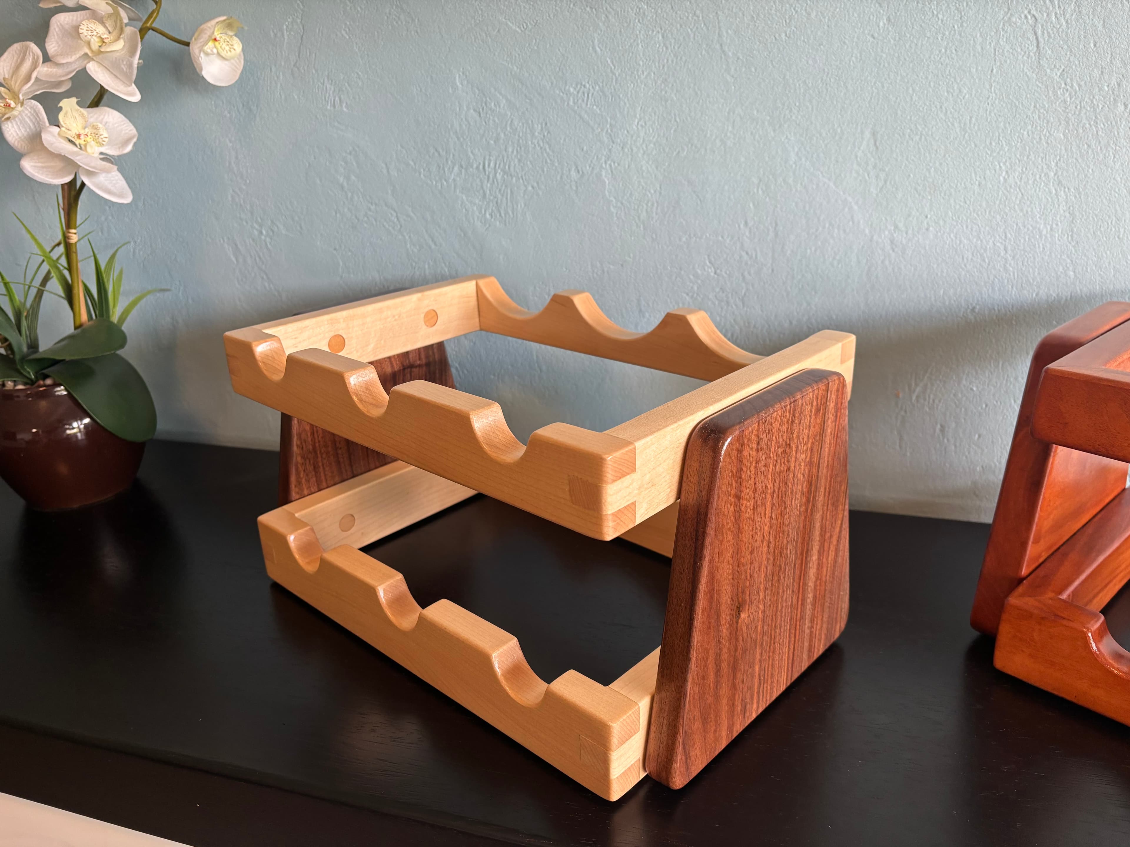 Maple and walnut rack with orchid